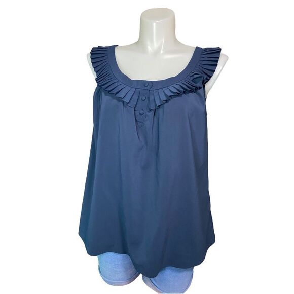 Avenue Navy Blue Sleeveless Ruffle Button Flowy Shirt Plus Size 18/20 - Picture 6 of 11